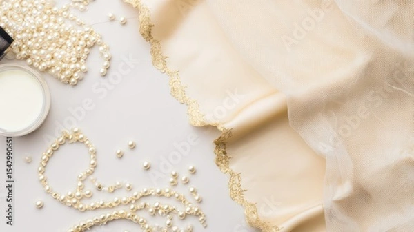 Fototapeta Elegant wedding and birthday card invitation design with pearls and fabric studio setting soft lighting
