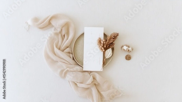 Fototapeta Stylish wedding and birthday invitation card on elegant table setting soft natural light minimalist design