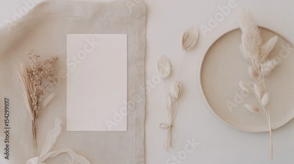 Fototapeta Elegant wedding and birthday invitation card design with natural elements minimalist style soft lighting table setting