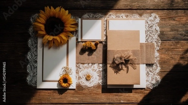 Fototapeta Elegant wedding and birthday invitation cards with sunflower decor rustic setting natural lighting