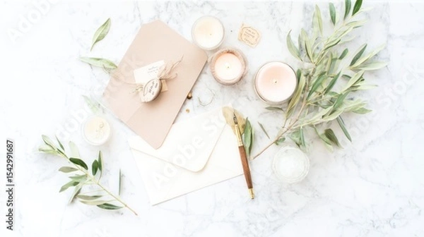 Fototapeta Elegant wedding and birthday card invitation ideas on marble background soft lighting decorative elements