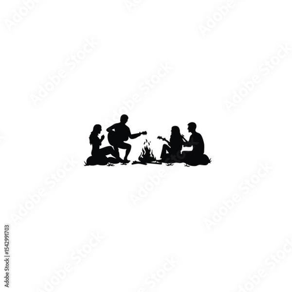 Obraz Silhouette of friends singing and playing guitar around a campfire on white background