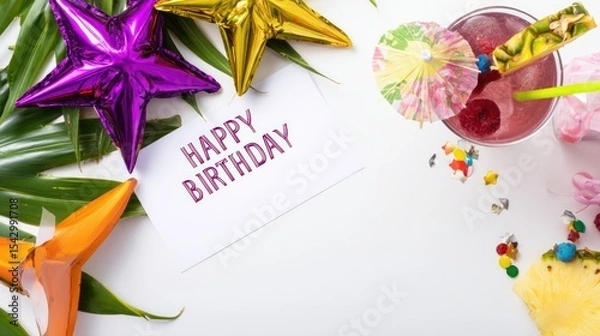 Fototapeta Vibrant birthday celebration with colorful invitations and cards festive decor party atmosphere top-down view