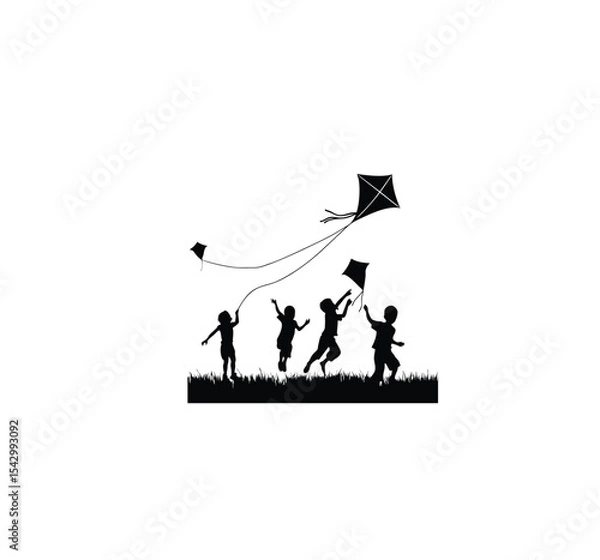 Obraz Silhouette of kids flying kites in an open field. on white background