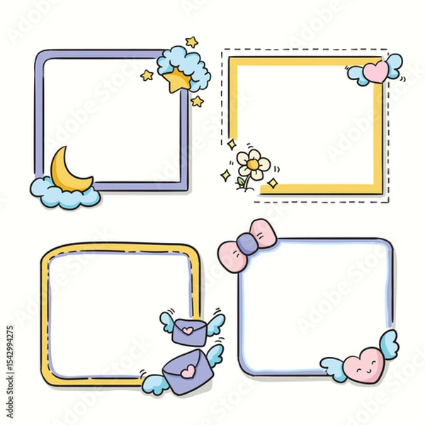 Fototapeta Set of cute cartoon frames with clouds, stars and loves
