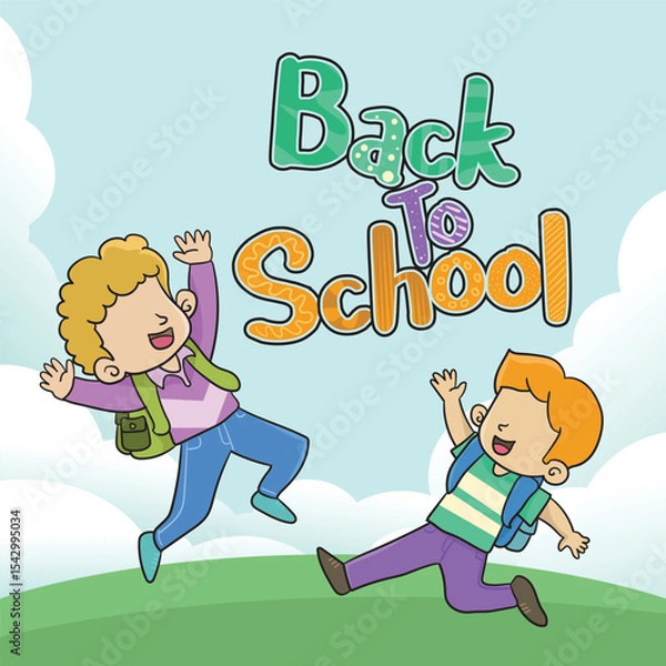 Fototapeta Back to school design with boys jumping. Vector illustration

