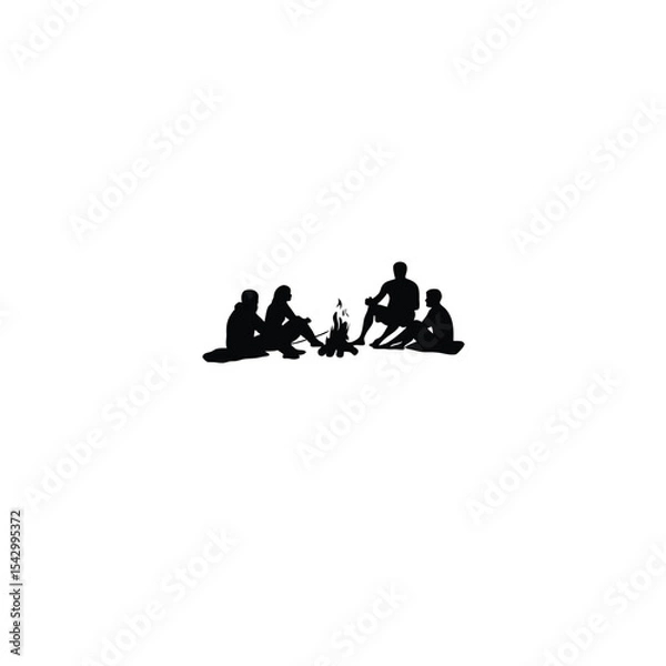 Obraz Silhouette of people sitting around a bonfire on the beach on white background
