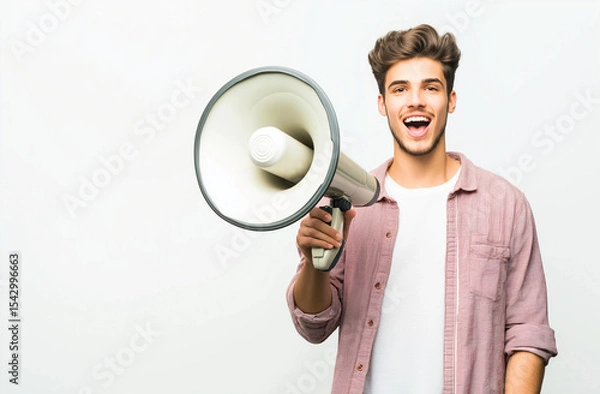 Fototapeta Young Handsome Indian Man with Megaphone – Sales Promotion & Advertising Concept, High-Resolution Studio Stock Photo with White Background & Copy Space