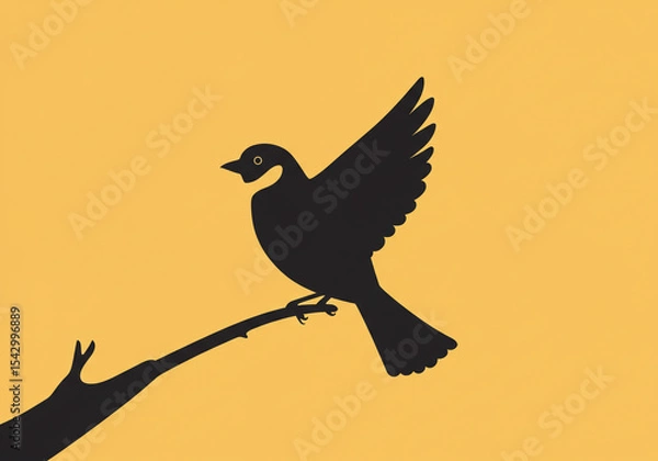 Obraz Silhouette of a bird perched on a branch with one wing raised against a yellow background design