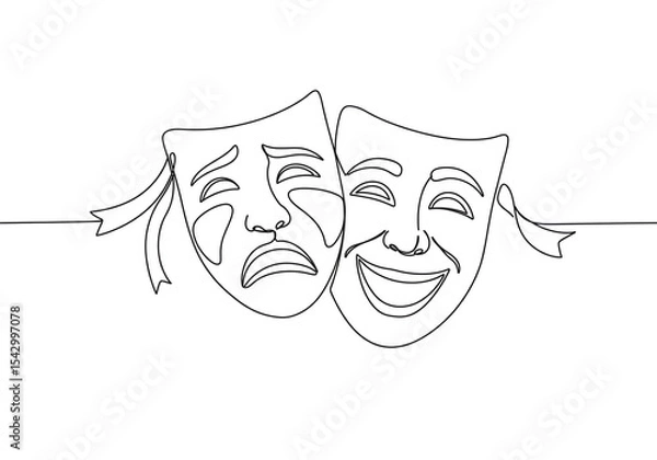 Obraz Continuous line drawing of comedy and tragedy masks in black and white illustration style art