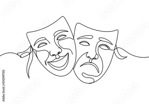 Obraz Continuous line drawing of comedy and tragedy masks representing drama and theatrical performance art