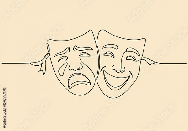 Obraz Continuous line drawing of comedy and tragedy theatrical masks on a light beige background