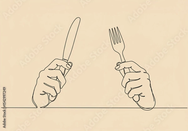 Obraz Continuous line drawing of hands holding a fork and knife on a beige background surface line