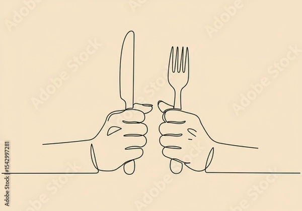 Fototapeta Continuous line drawing of hands holding a fork and knife ready to eat on a beige background space