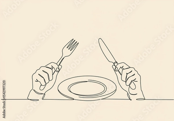 Obraz Single line art of hands holding fork and knife with empty plate on a beige background surface