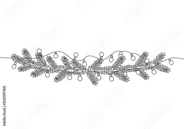 Obraz A line drawing of a christmas garland with pine branches and round lights on a white background