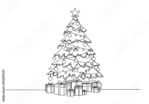Obraz A christmas tree decorated with ornaments and a star on top with presents underneath it outline art