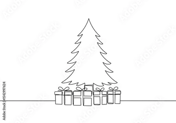 Obraz Continuous line drawing of a christmas tree with gifts underneath in a minimalist style design art