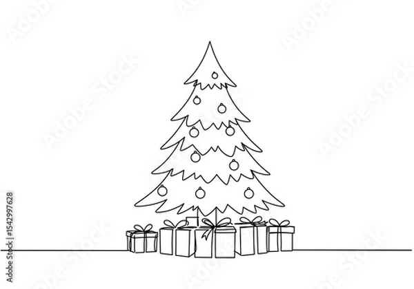 Obraz A christmas tree decorated with ornaments and gifts drawn with single continuous line style art