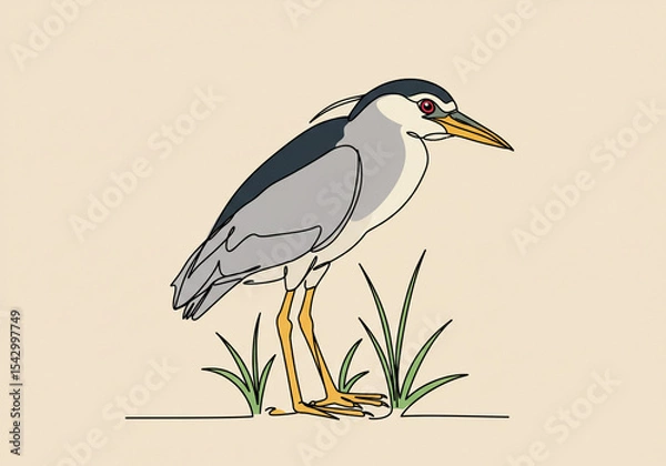 Obraz Illustration of a black crowned night heron standing in grass with a light background color tone