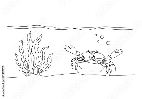 Obraz Single line drawing of a crab with seaweed and bubbles under the water surface in black and white