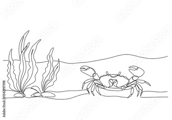 Obraz A single line drawing of a crab near seaweed on the ocean floor in a minimalist style design