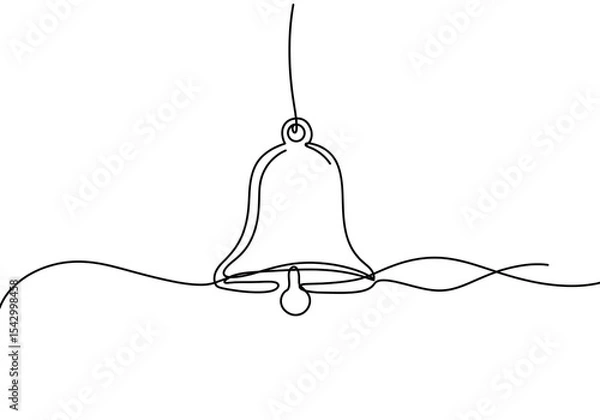 Obraz Single line drawing of a bell with a clapper and a rope hanging from the top on a white background