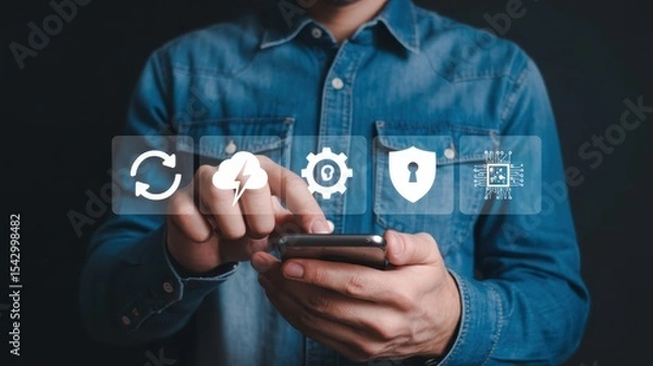 Fototapeta Person interacting with a smartphone displaying cloud computing icons.