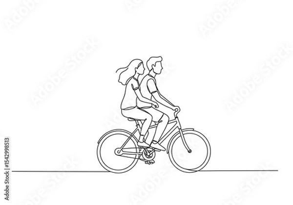 Obraz Continuous line drawing of a couple riding a bicycle together on a white background illustration