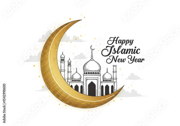 Obraz Illustration of islamic new year with golden crescent moon and mosque on a white background