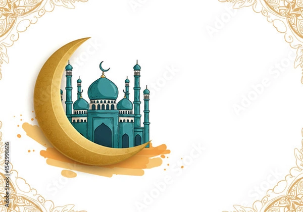 Obraz Illustration of a mosque with a golden crescent moon on a white background with floral borders