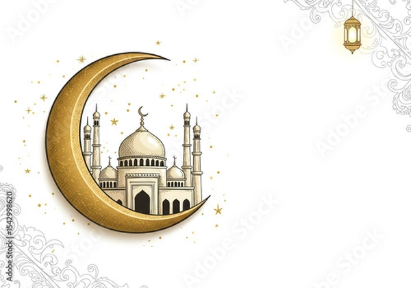 Obraz Illustration of a mosque inside a golden crescent moon with a lantern and floral ornaments
