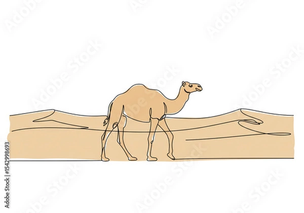 Obraz A minimalist illustration of a camel walking across sand dunes on a white background drawing style