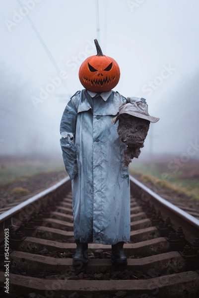 Obraz Spooky figure in carved pumpkin mask with scarecrow severed head in hand stands on misty railroad in autumn countryside. Halloween concept