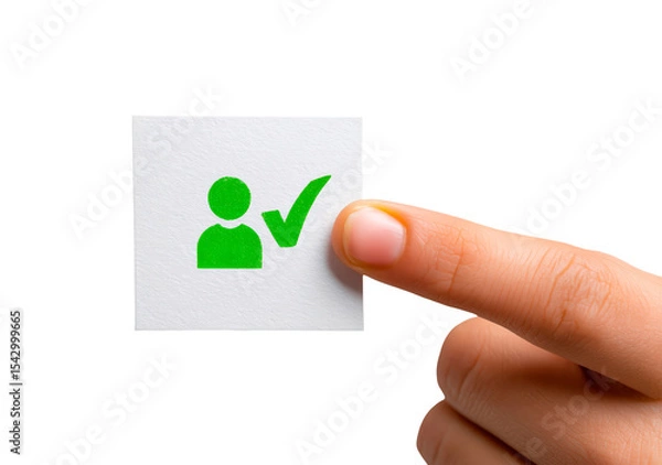 Fototapeta Verified user icon with green checkmark on white card for digital identity confirmation on transparent background, PNG