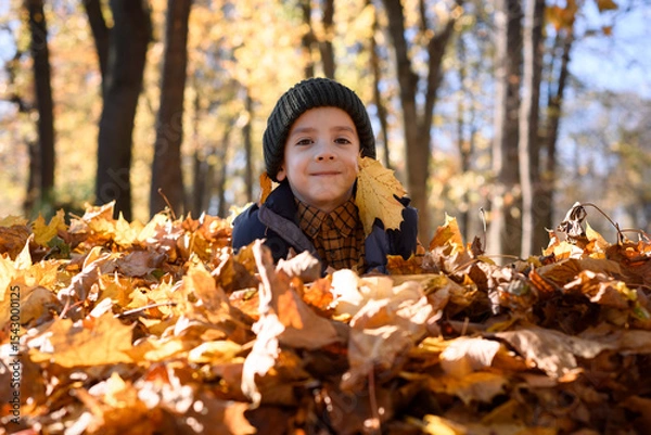 Obraz Smiling little boy plays in sunny autumn park covered with golden maple leaves. Joyful fall scene with warm light, seasonal fun, and playful outdoor mood