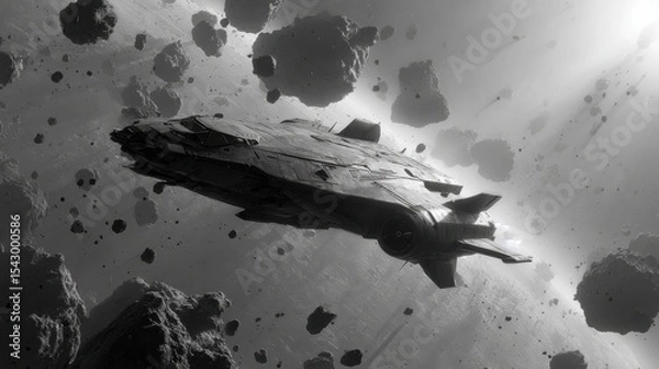Fototapeta Stealth spaceship flying in the shadows of asteroids 