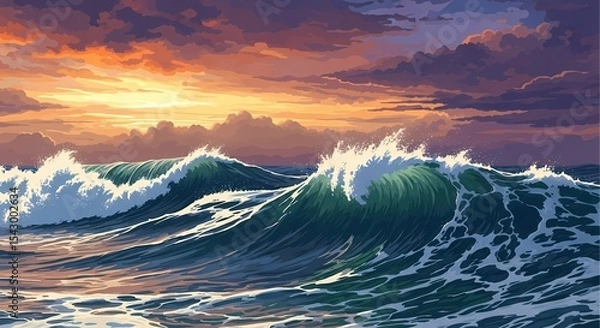 Obraz Ocean Sunset Dramatic Waves Crashing Under a Fiery Sky
