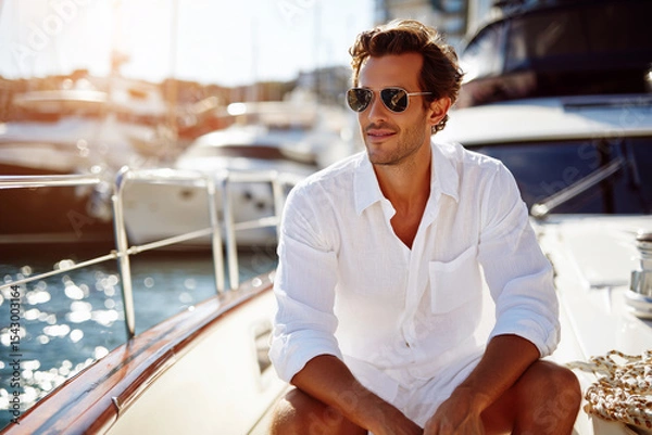 Fototapeta A man in a white shirt and shorts is sitting on a boat, smiling and looking out at the water