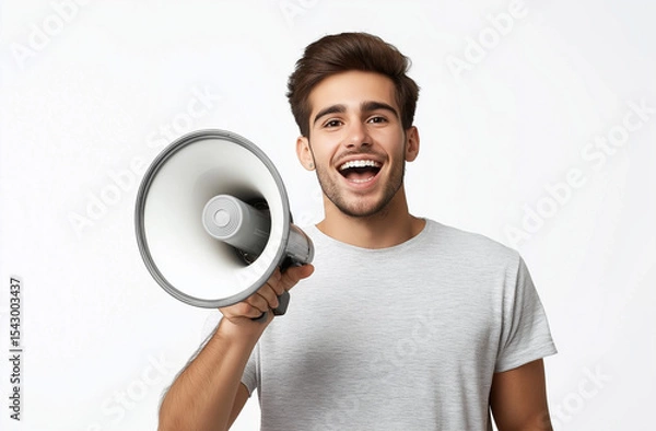 Fototapeta Young Handsome Indian Man with Megaphone – Sales Promotion & Advertising Concept, High-Resolution Studio Stock Photo with White Background & Copy Space