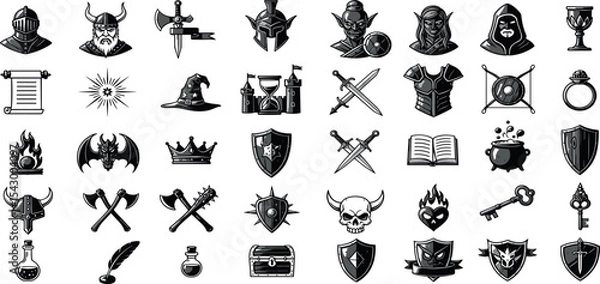 Fototapeta Game fantasy icon set, vector magic dungeon dragon RPG sign, medieval warrior avatar, fairytale sign. Knight battle sword, armour helmet, power weapon, witch hat, potion cauldron. Fantasy icon kit