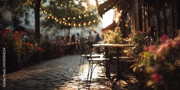 Obraz romantic European street terrace restaurant, afternoon sunlight, hanging string lights, trees and flowers