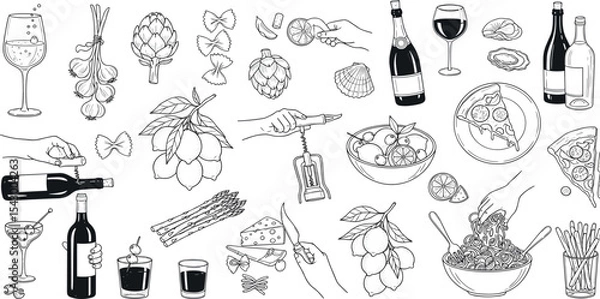 Fototapeta Italian food seamless pattern, vector doodle hand drawn wine background, Amalfi lemon print, pizza. Traditional sketch eatery texture, cafe scribble wallpaper, picnic drinks design. Italian pattern