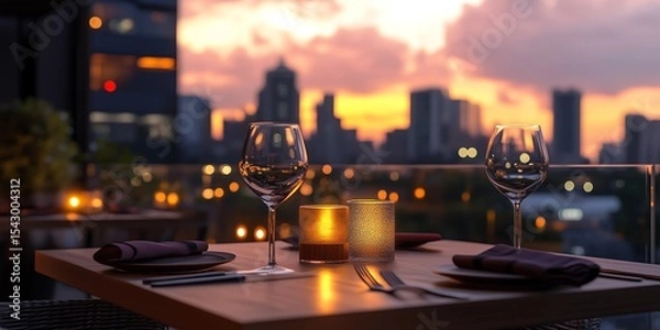 Obraz modern rooftop restaurant at sunset, overlooking a vibrant city skyline, focus on foreground table with wine glasses and candlelight