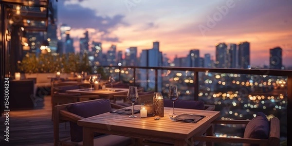Obraz modern rooftop restaurant at sunset, overlooking a vibrant city skyline, focus on foreground table with wine glasses and candlelight