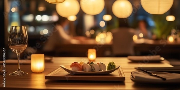 Obraz High-end Japanese restaurant, clean wooden surfaces with soft paper lantern glow, bokeh from distant candlelight, a delicate sushi platter