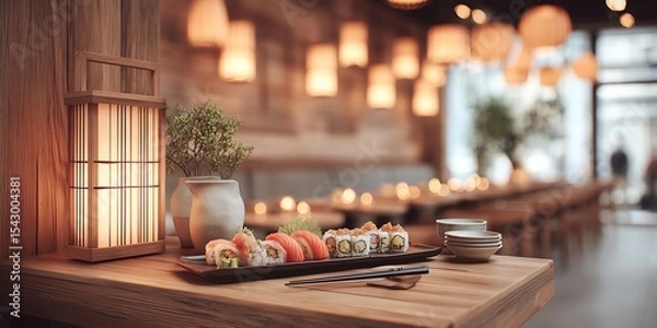 Obraz High-end Japanese restaurant, bokeh from distant candlelight, a delicate sushi platter