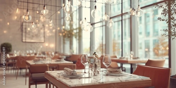 Obraz modern restaurant interior, soft golden hour light streaming through floor-to-ceiling windows, elegant marble tables with polished cutlery