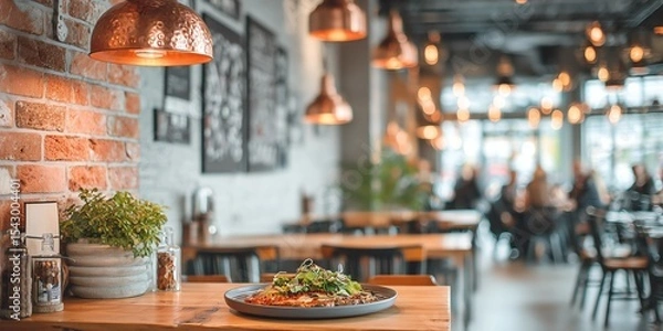 Obraz Trendy loft-style restaurant interior, exposed brick walls , a wooden dining table in sharp focus with a gourmet dish,
