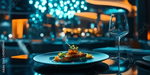 Obraz High-end futuristic restaurant with plated dish in extreme foreground focus